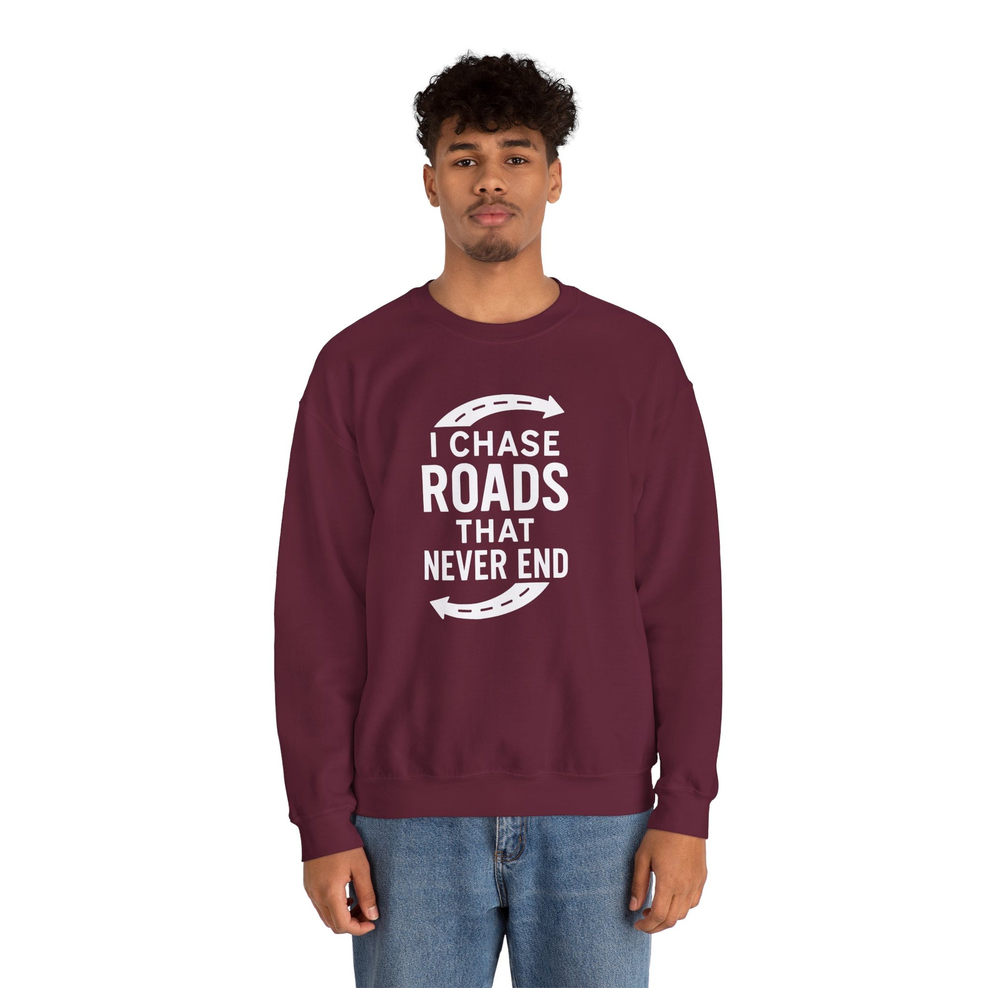 “I Chase Roads That Never End” Crewneck Sweatshirt – For the Wild-Hearted Explorer