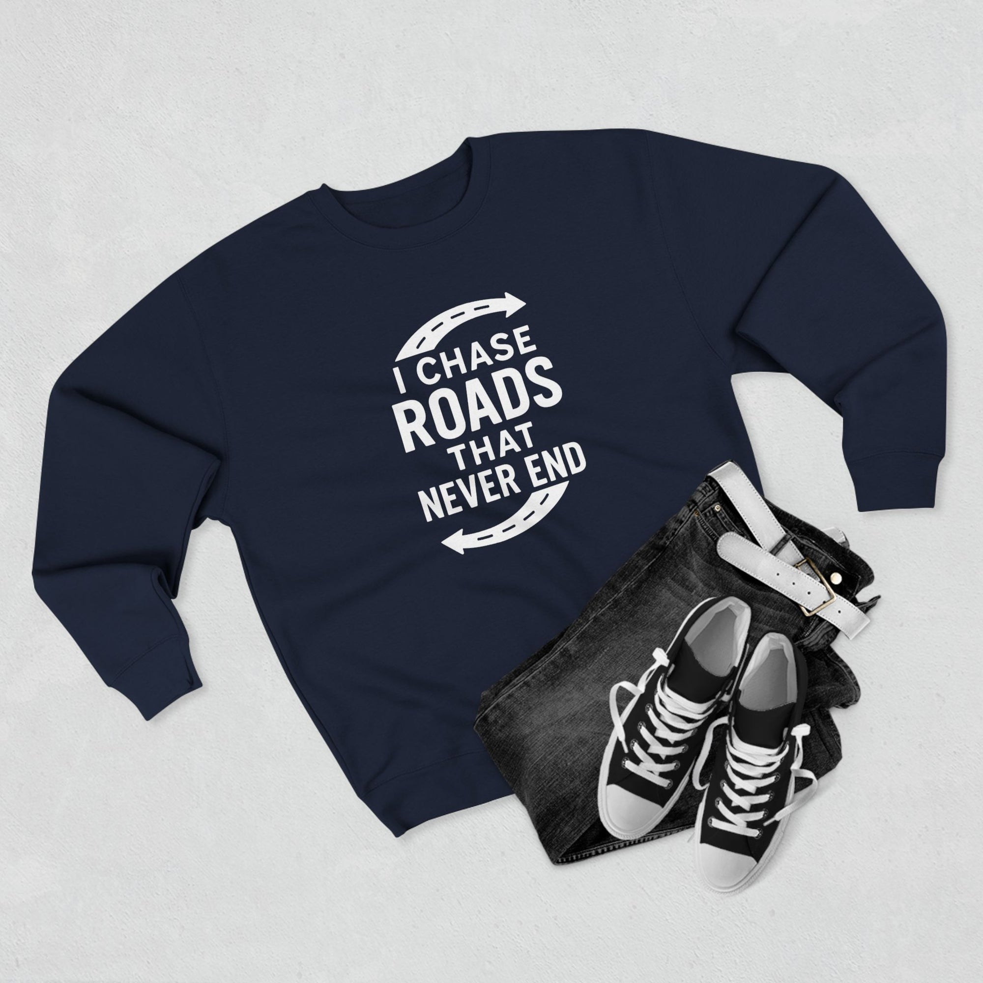 Road-Trip Crewneck Sweatshirt – “I Chase Roads That Never End”