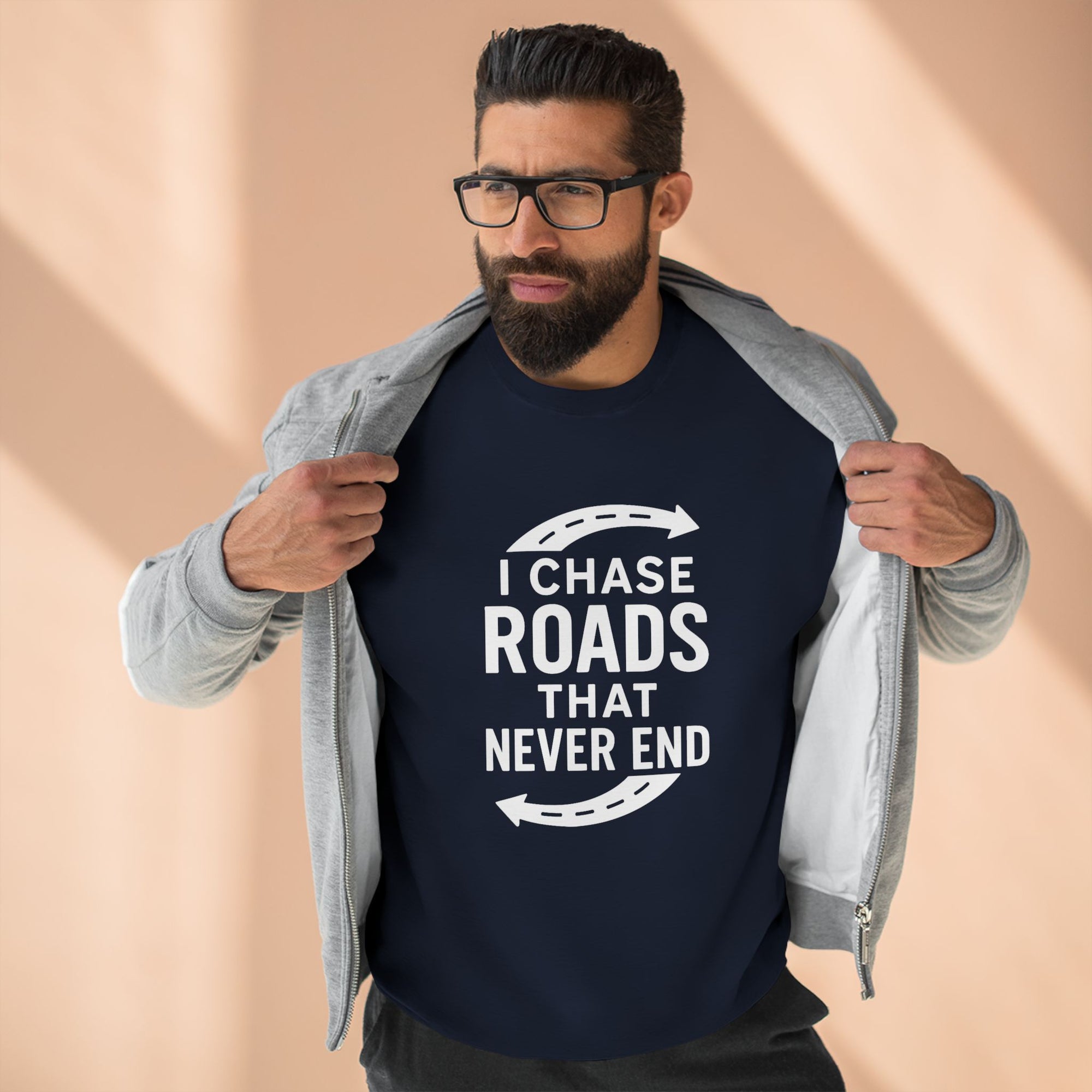 Road-Trip Crewneck Sweatshirt – “I Chase Roads That Never End”