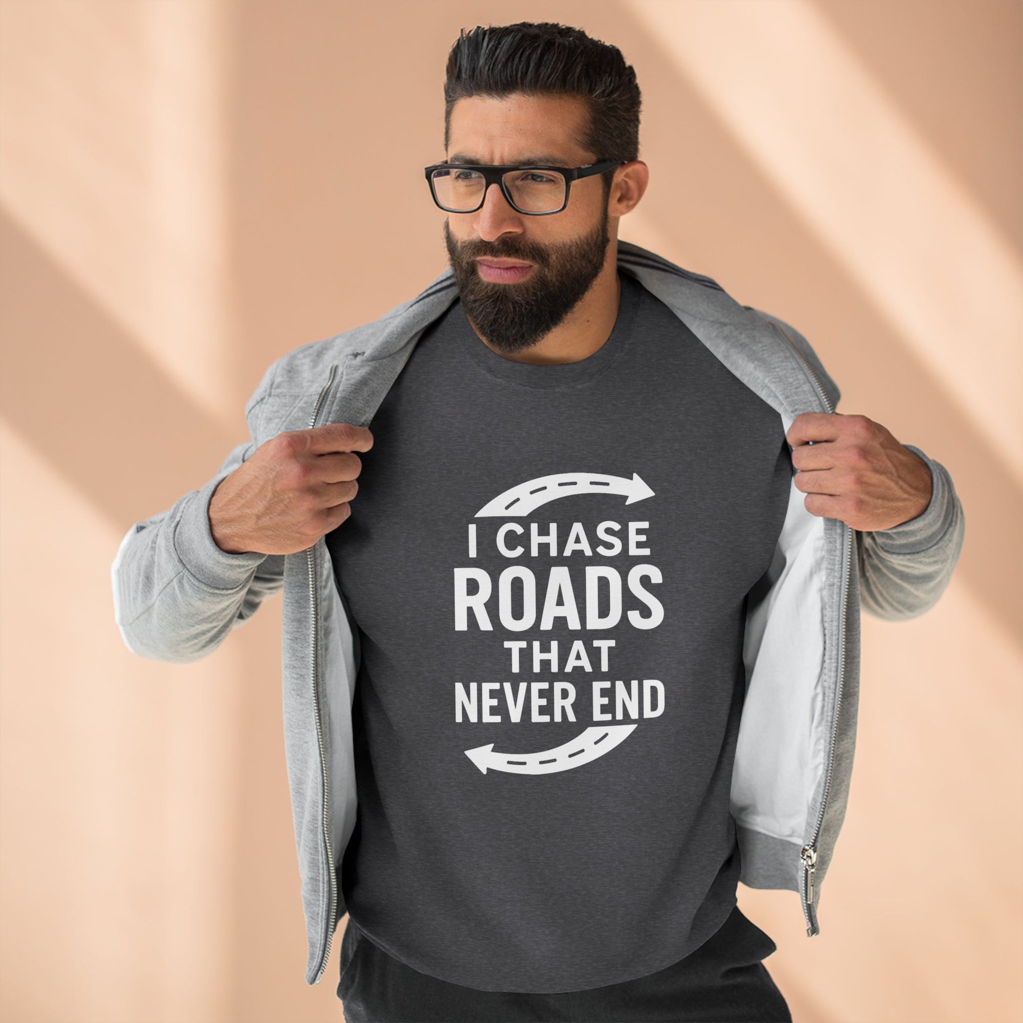 Road-Trip Crewneck Sweatshirt – “I Chase Roads That Never End”