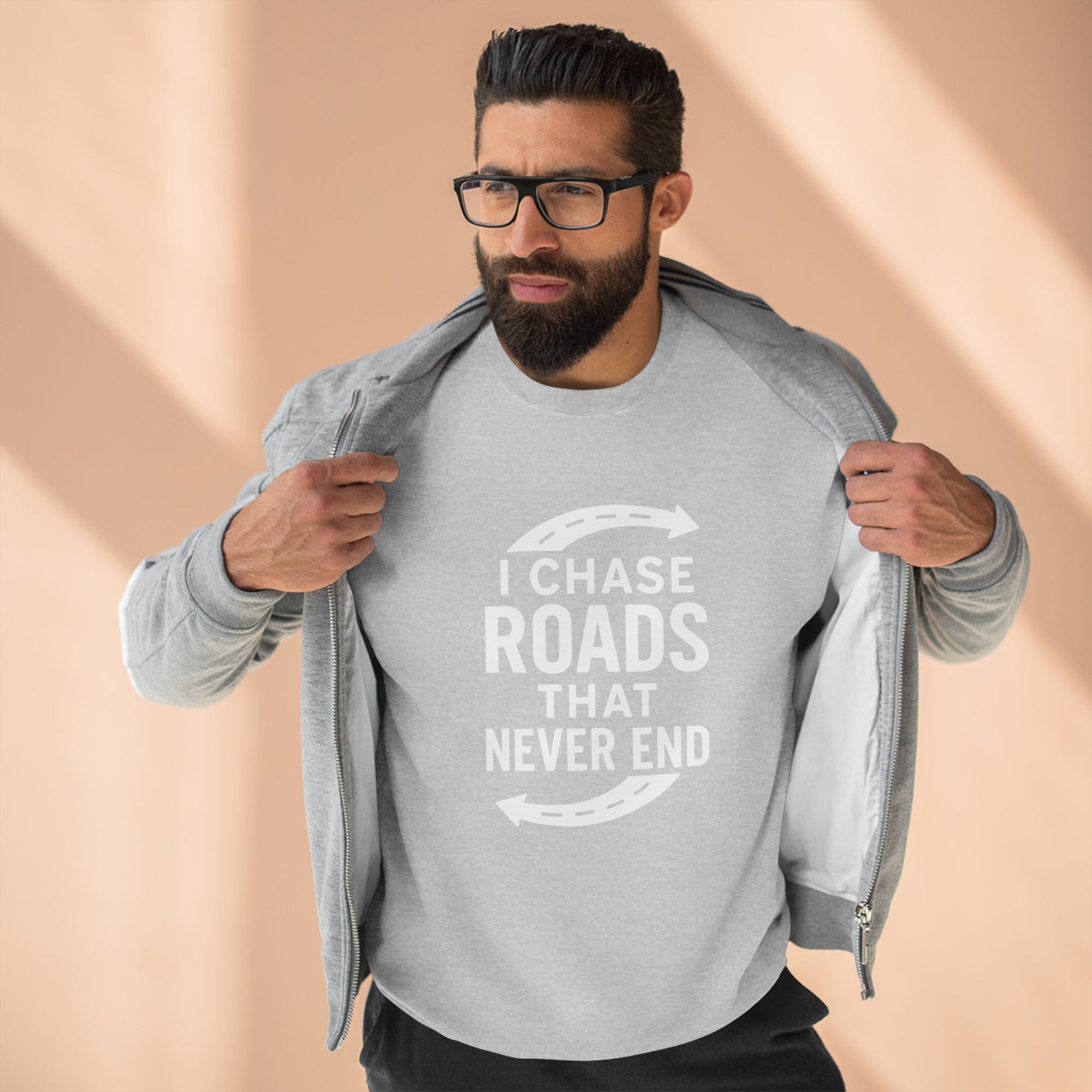 Road-Trip Crewneck Sweatshirt – “I Chase Roads That Never End”