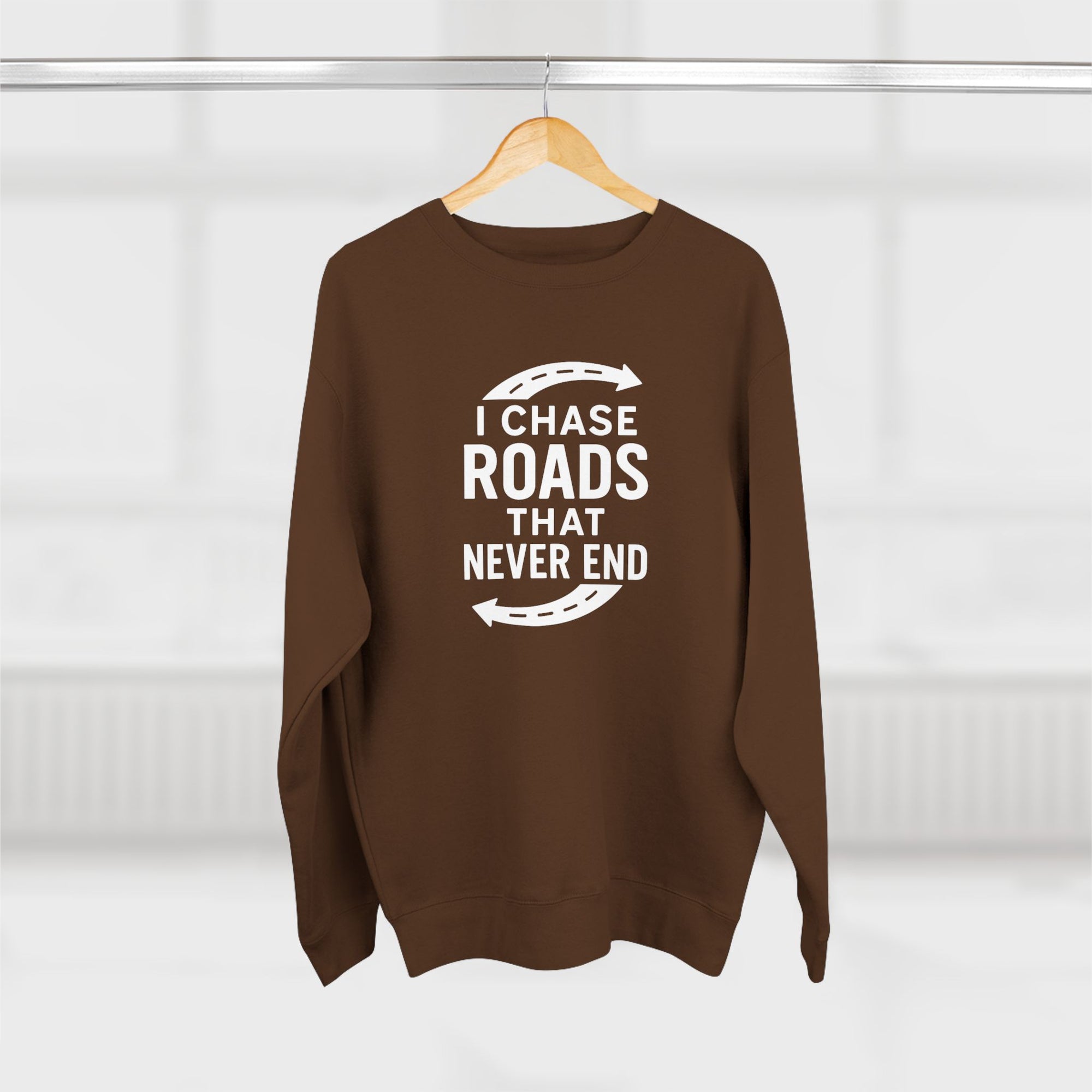 Road-Trip Crewneck Sweatshirt – “I Chase Roads That Never End”