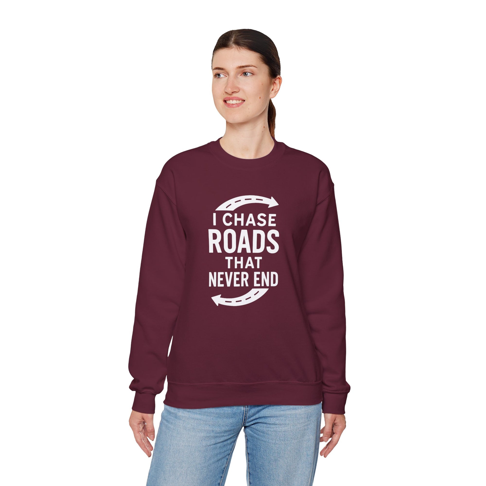 “I Chase Roads That Never End” Crewneck Sweatshirt – For the Wild-Hearted Explorer