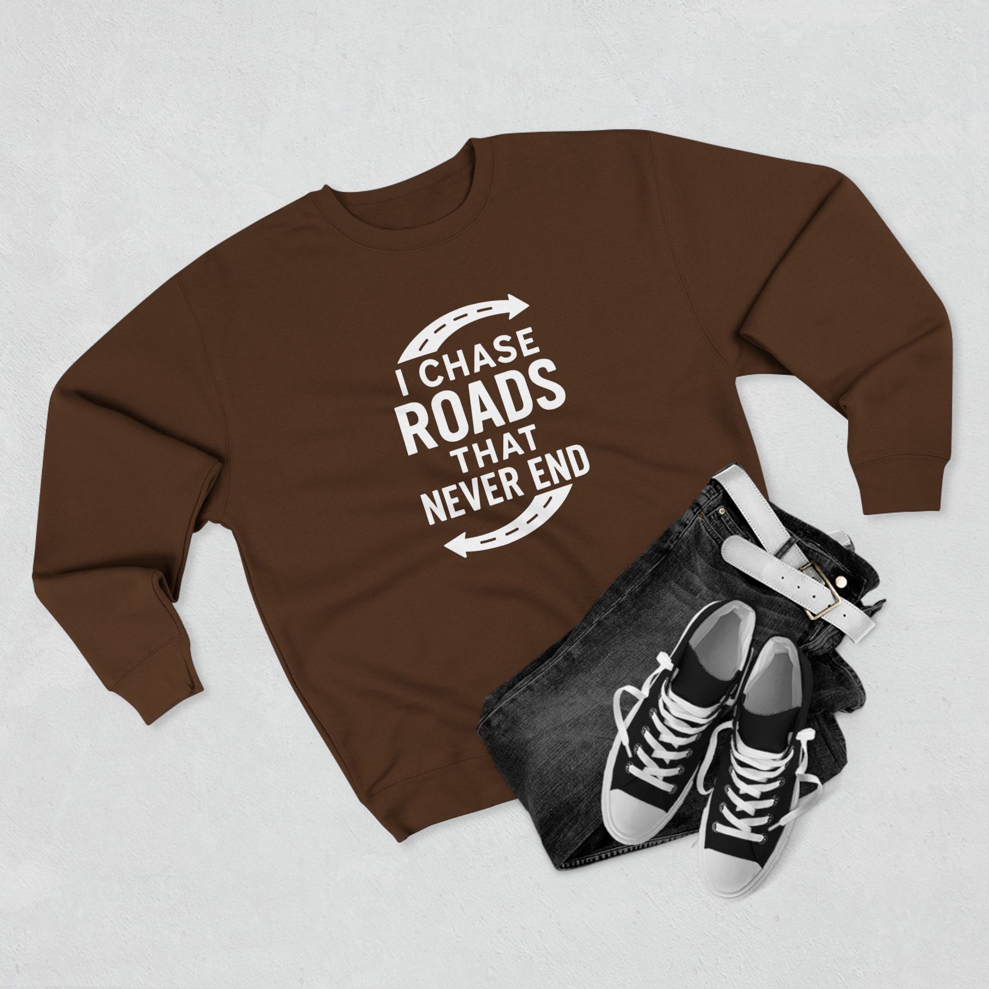 Road-Trip Crewneck Sweatshirt – “I Chase Roads That Never End”