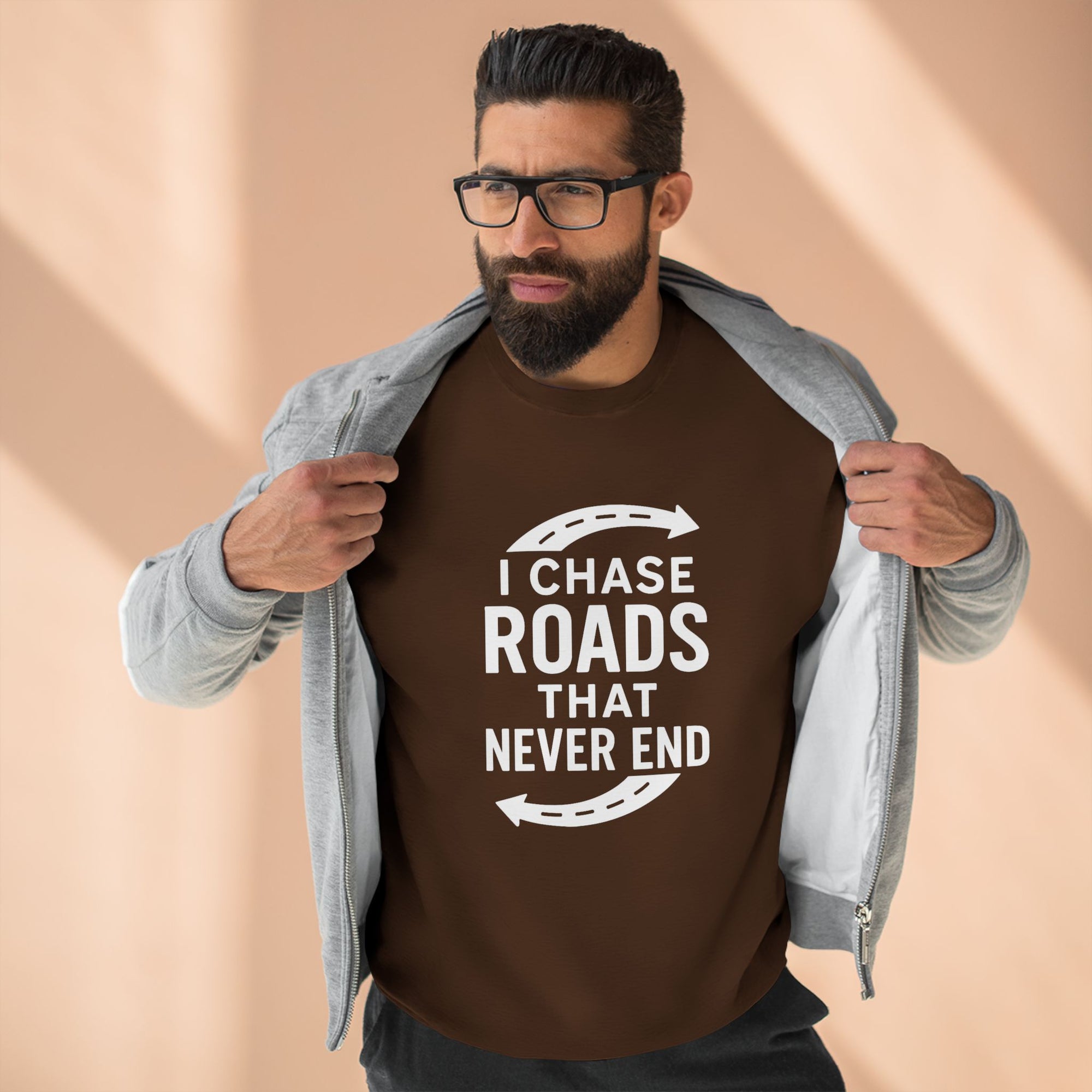 Road-Trip Crewneck Sweatshirt – “I Chase Roads That Never End”