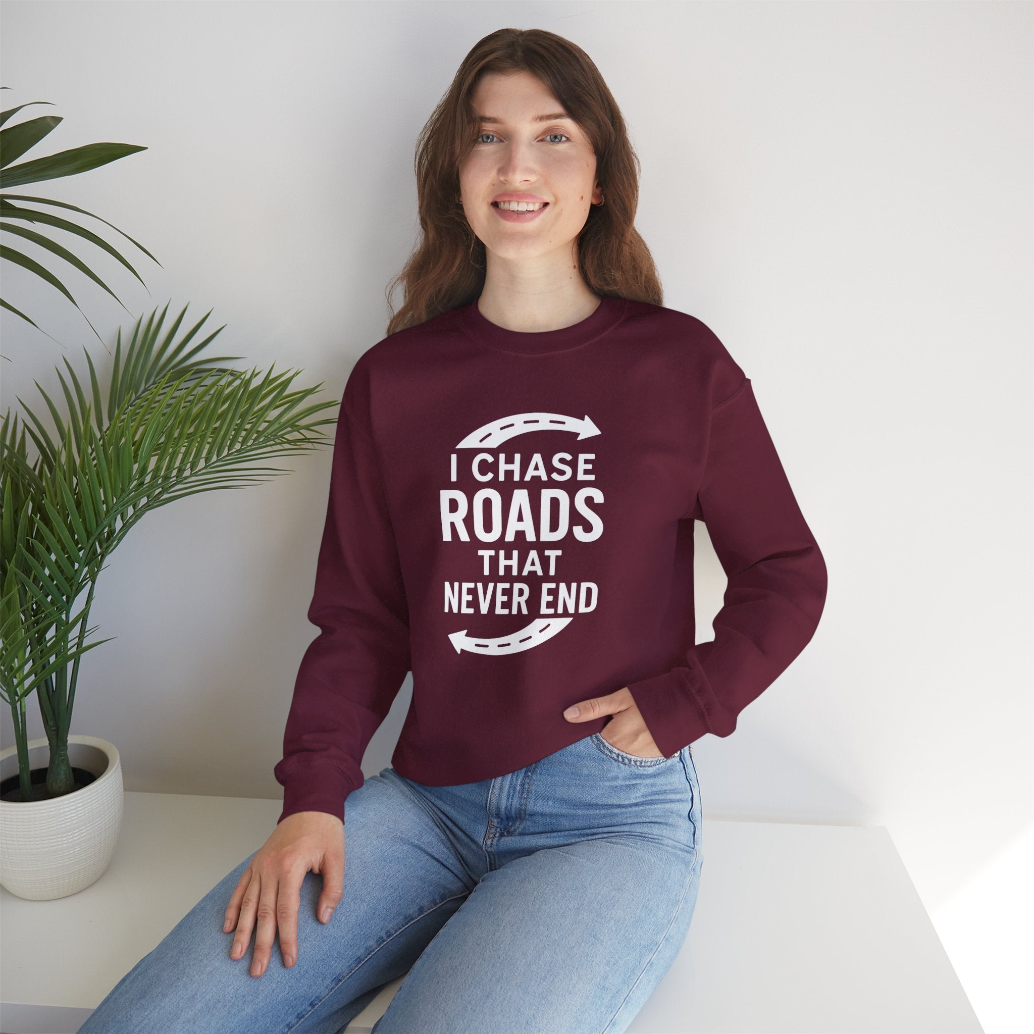 “I Chase Roads That Never End” Crewneck Sweatshirt – For the Wild-Hearted Explorer